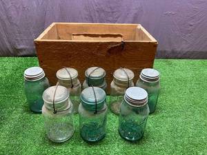 lot 163 image: Vintage Ball Canning Jars & Wood Box