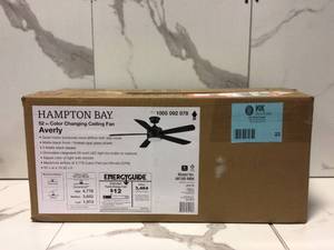 lot 22 image: Averly 52 in. Integrated LED Matte Black Ceiling Fan with Light and Remote Control with Color Changing Technology by Hampton Bay Customer Returns See Pictures