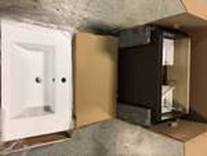 lot 107 image: Silhouette 30 in. W x 18 in. D x 20 in. H Bathroom Vanity Side Cabinet in Dark Chocolate with White Acrylic Top by Cutler Kitchen and Bath Customer Returns See Pictures
