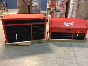 46 in. 16-Drawer Steel Tool Chest and Rolling Cabinet Set, Textured Red and Black Matte by Milwaukee Customer Returns See Pictures