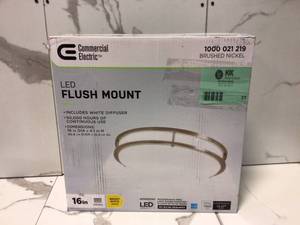 lot 21 image: 16 in. 1-Light Brushed Nickel Dimmable LED Flush Mount by Hampton Bay Customer Returns See Pictures