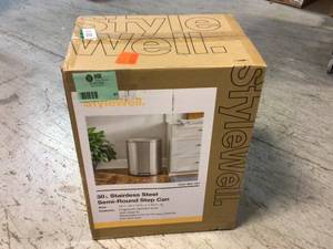 lot 61 image: 13 Gal. Stainless Steel D Shape Step-On Trash Can Plus 13 Gal. Drawstring Kitchen Trash Bag (150-Count) by StyleWell Customer Returns See Pictures