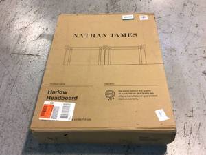 lot 91 image: Harlow 62 in. Vintage Brown Queen Wall Mount Faux Leather Upholstered Headboard Adjustable Straps and Black Metal Rail by Nathan James Customer Returns See Pictures