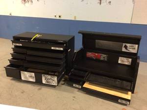 lot 108 image: 52 in. W x 21.5 in. D Heavy Duty 15-Drawer Combination Rolling Tool Chest Top Tool Cabinet with LED Light in Matte Black by Husky Customer Returns See Pictures