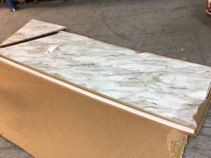 lot 115 image: 8 ft. White Laminate Countertop Kit With Right Miter and Eased Edge in Drama Marble by Hampton Bay Customer Returns See Pictures