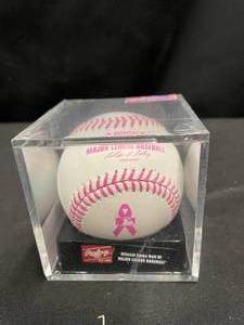lot 82 image: MLB Pink Strike Out Breast Cancer baseball, NEW with acrylic display box