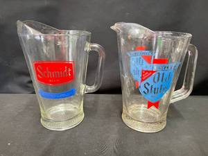 lot 166 image: Lot of 3, Old Style and Schmidt Beer glass pitchers, Bud Clydesdales glass