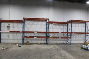 lot 1A image: Pallet Racking - (5) 10 Uprights, (20) 9 Cross Beams, (20) Metal Grate Shelves