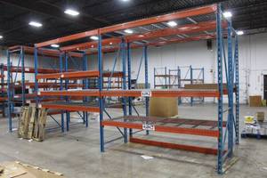 lot 5A image: Pallet Racking - (3) Uprights, (14) Cross Beams, (10) Metal Grate Shelves