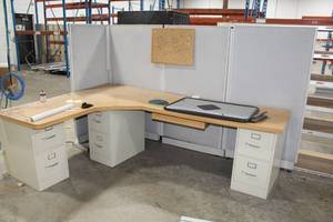 lot 12 image: Wood-Top Corner Desk with (3) 2-Drawer File Cabinets and (4) wall partitions