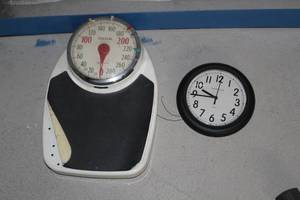 lot 106 image: Taylor Professional 330-lb Floor Scale, Ingraham Quartz Wall Clock