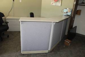 lot 301 image: Office Reception Desk, Office Desk, Rolling Office Arm Chair, Floor Mat