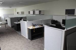 lot 492 image: Lot of (3) Office Cubicles with Desks, Office Chairs (x5), 3-door Cabinets (x4), Wall-Mount Cabinets (x5), Floor Protectors (x3)