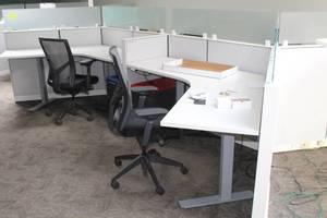 lot 528 image: 4-Cubicle Sectional with (4) Power Adjustable Corner Desks, (3) Rolling Office Arm Chairs, (4) 2-Drawer Cabinets