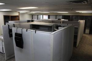 lot 300 image: Lot of (5) Office Cubicles with Walls, Chairs, File Cabinets, Overhead Storage Cabinets, Desks, Floor Mats, Accessories