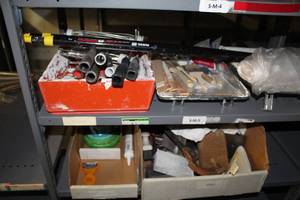 lot 160 image: Painting Supplies w Roller Handles, Extension Poles, Paint Trays, Brushes, Misc. Paint Supplies
