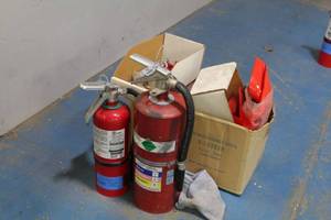 lot 735 image: Lot of (2) Fire Extinguishers with Assorted Red Safety Bags