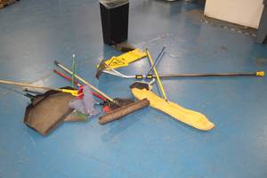 lot 756 image: Work Shop Supplies - Mops, Bucket, Brooms, Dust Pan, Caution Signs, Roof Scraper