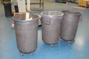 lot 763 image: Lot of (3) Plastic Trash Cans with Rolling Dollies