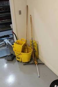 lot 806 image: Cleaning Supplies - Caution Signs, Mop, Bucket, Squeegee
