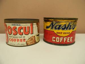 lot 2 image: RARE, HARD TO FIND - VINTAGE Nashs 1lb Tin Coffee Can & Boscut 1lb Tin Coffee Can - NICE SET - SEE PICTURES