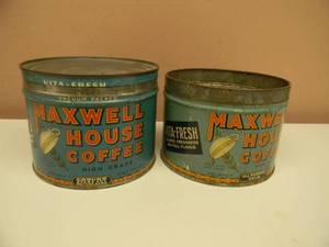 lot 3 image: RARE, HARD TO FIND - 2 VINTAGE MAXWELL HOUSE 1lb Tin Coffee Cans - GREAT SET - ORIGINAL LOGO - SEE PICTURES