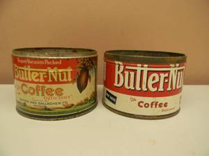 lot 4 image: RARE, HARD TO FIND - 2 VINTAGE BUTTER-NUT 1lb Tin Coffee Cans - GREAT SET - SEE PICTURES