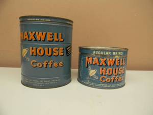lot 5 image: RARE, HARD TO FIND - 2 VINTAGE MAXWELL HOUSE COFFEE CANS 1lb & 2lb Tin Coffee Cans - GREAT SET - SEE PICTURES