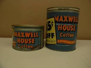 lot 7 image: RARE, HARD TO FIND - VINTAGE MAXWELL HOUSE COFFEE CANS 1lb & 2lb Tin Coffee Cans - COOL SET - SEE PICTURES