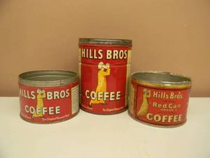 lot 8 image: RARE, HARD TO FIND - VINTAGE HILLS BROS COFFEE CANS 2, 1lb & 1,  2lb Tin Coffee Cans - COOL SET - SEE PICTURES