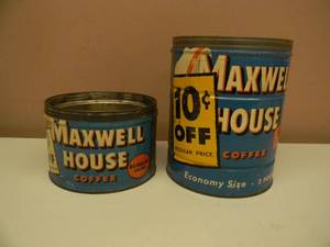 lot 9 image: RARE, HARD TO FIND - VINTAGE MAXWELL HOUSE COFFEE CANS 1lb & 2lb Tin Coffee Cans - COOL SET - SEE PICTURES