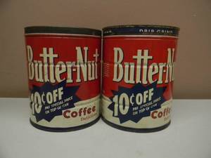 lot 10 image: RARE, HARD TO FIND - VINTAGE BUTTER-NUT COFFEE CANS 2, 2lb Tin Coffee Cans - COOL SET - SEE PICTURES