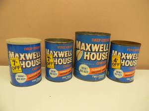 lot 11 image: RARE, HARD TO FIND - VINTAGE MAXWELL HOUSE NEW NO KEY COFFEE CANS 3, 1lb & 1 2lb Tin Coffee Cans - COOL SET - SEE PICTURES