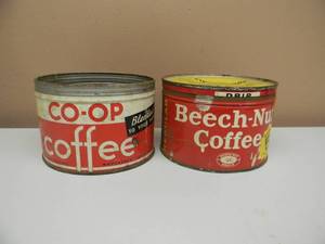 lot 12 image: RARE, HARD TO FIND - VINTAGE CO-OP & BEECH-NUT COFFEE CANS 1lb Tin Coffee Cans - COOL SET - SEE PICTURES