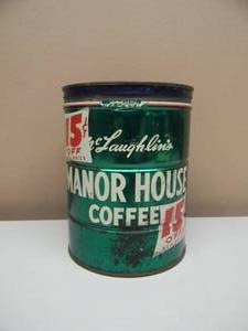 lot 13 image: RARE, HARD TO FIND - VINTAGE MANOR HOUSE COFFEE CAN 2lb Tin Coffee Can (WITH ORIGINAL KEY) - COOL PIECE - SEE PICTURES