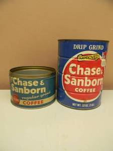 lot 14 image: RARE, HARD TO FIND - VINTAGE CHASE & SANBORN COFFEE CANS 1lb & 2lb Tin Coffee Can - COOL SET - SEE PICTURES