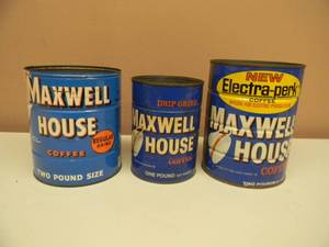 lot 15 image: VINTAGE MAXWELL HOUSE COFFEE CANS 1lb & 2lb Tin Coffee Cans - COOL SET - SEE PICTURES