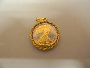 lot 17 image: VINTAGE 1944 GOLD LAYERED SILVER WALKING LIBERTY HALF DOLLAR PENDANT - AWESOME PIECE - SEE PICTURES