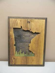 lot 58 image: ORIGINAL Hagen & Oats Handmade all wood 3D Minnesota Artwork - AWESOME PIECE - APPROX 16 By 21 - SEE PICTURES