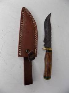 Handmade Damascus Steel Knife & Sheath With Custom Wood Handle