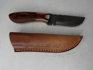 Handmade Damascus Steel Knife & Sheath With Custom Wood Handle