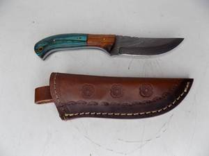 Handmade Damascus Steel Knife & Sheath With Custom Wood Handle