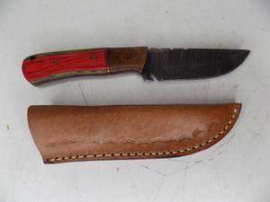Handmade Damascus Steel Knife & Sheath With Custom Wood Handle