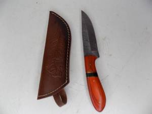 Handmade Damascus Steel Knife & Sheath With Custom Wood Handle