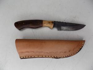 Handmade Damascus Steel Knife & Sheath With Custom Wood Handle