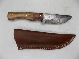 Handmade Damascus Steel Knife & Sheath With Custom Wood Handle