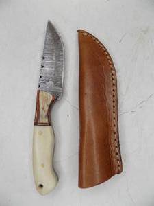 Handmade Damascus Steel Knife & Sheath With Custom Bone Handle