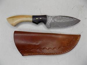 Handmade Damascus Steel Knife & Sheath With Custom Bone Handle