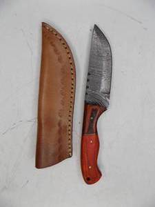 Handmade Damascus Steel Knife & Sheath With Custom Wood Handle
