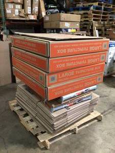 Pallet with assorted Home Depo Moving Storage Cardboard boxes various sizes and conditions not used Tall Pallet see pictures